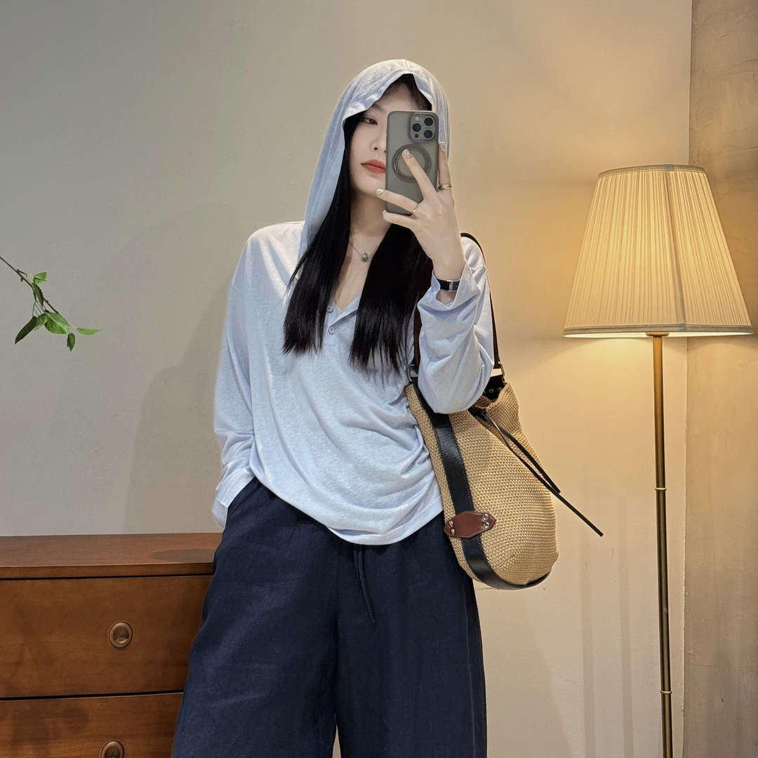 韩系时尚百搭薄款宽松休闲纯色连帽长袖透明扣帽衫-M25212371