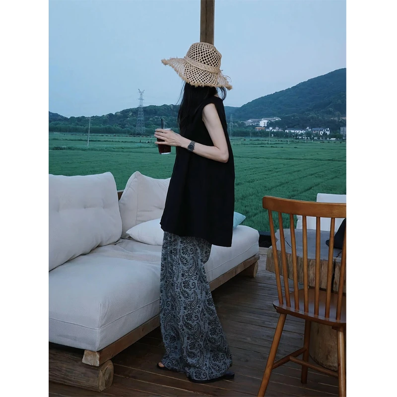 2025夏季新款韩版气质黑色无袖马甲上衣碎花休闲提花阔腿长裤女装