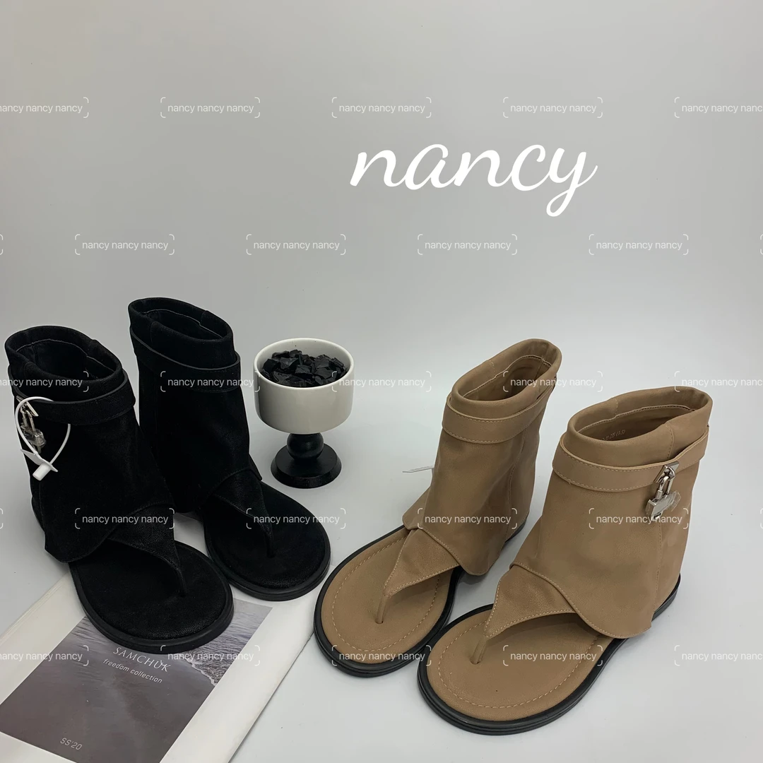 夹趾时装凉鞋凉靴复古纯色ol平跟靴子厚底