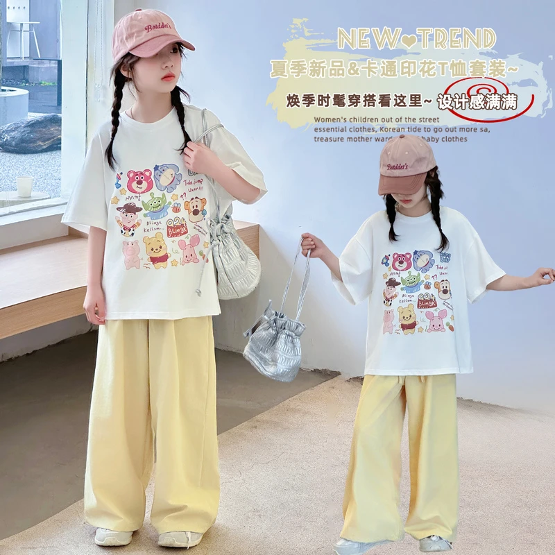 女童夏季短袖套装2025新款大童体恤冰丝雪纺阔腿裤两件套儿童衣服