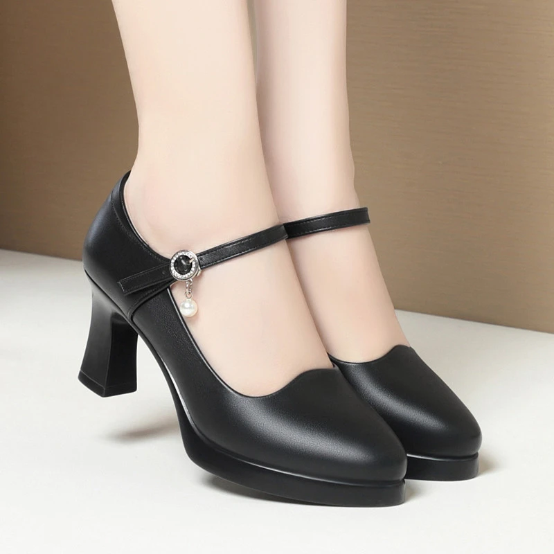 春秋季旗袍走秀黑色工作鞋厚底防水台粗跟一字扣高跟女士单鞋