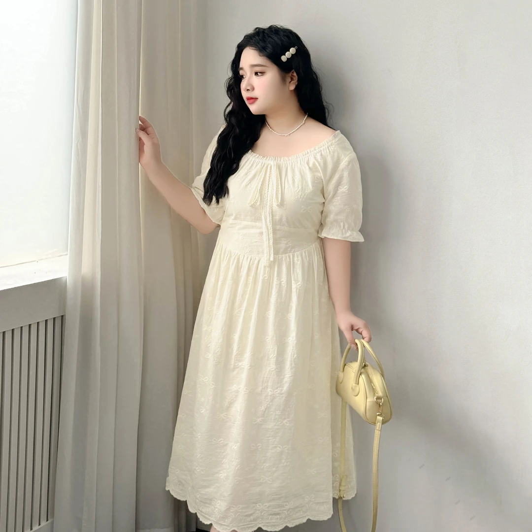 DX7632大码女装【温柔度假法式长裙】绝美蝴蝶结绣花高腰短袖连衣裙