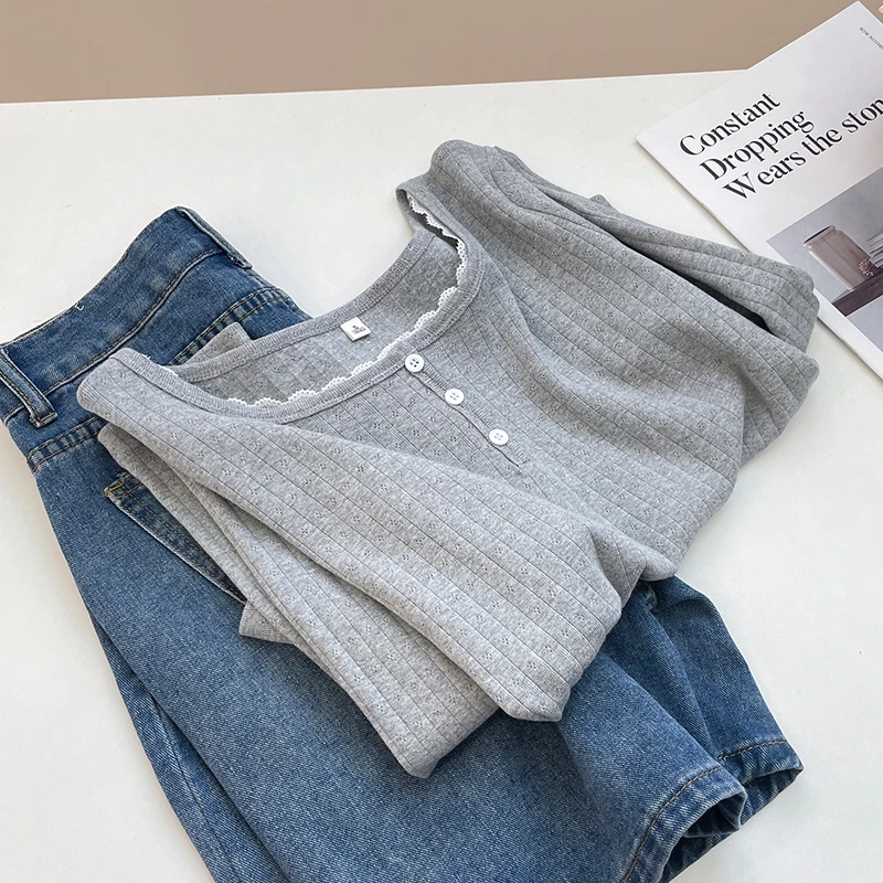 早秋纯欲风蕾丝拼接大领口长袖T恤潮流时尚显气质内搭打底衫上衣