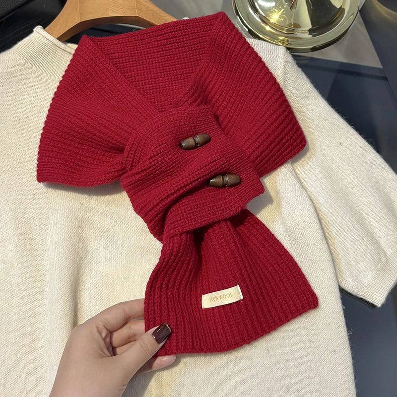 WOOL纯羊毛牛角扣围巾纯色小围脖交叉女士懒人保暖秋冬季领子