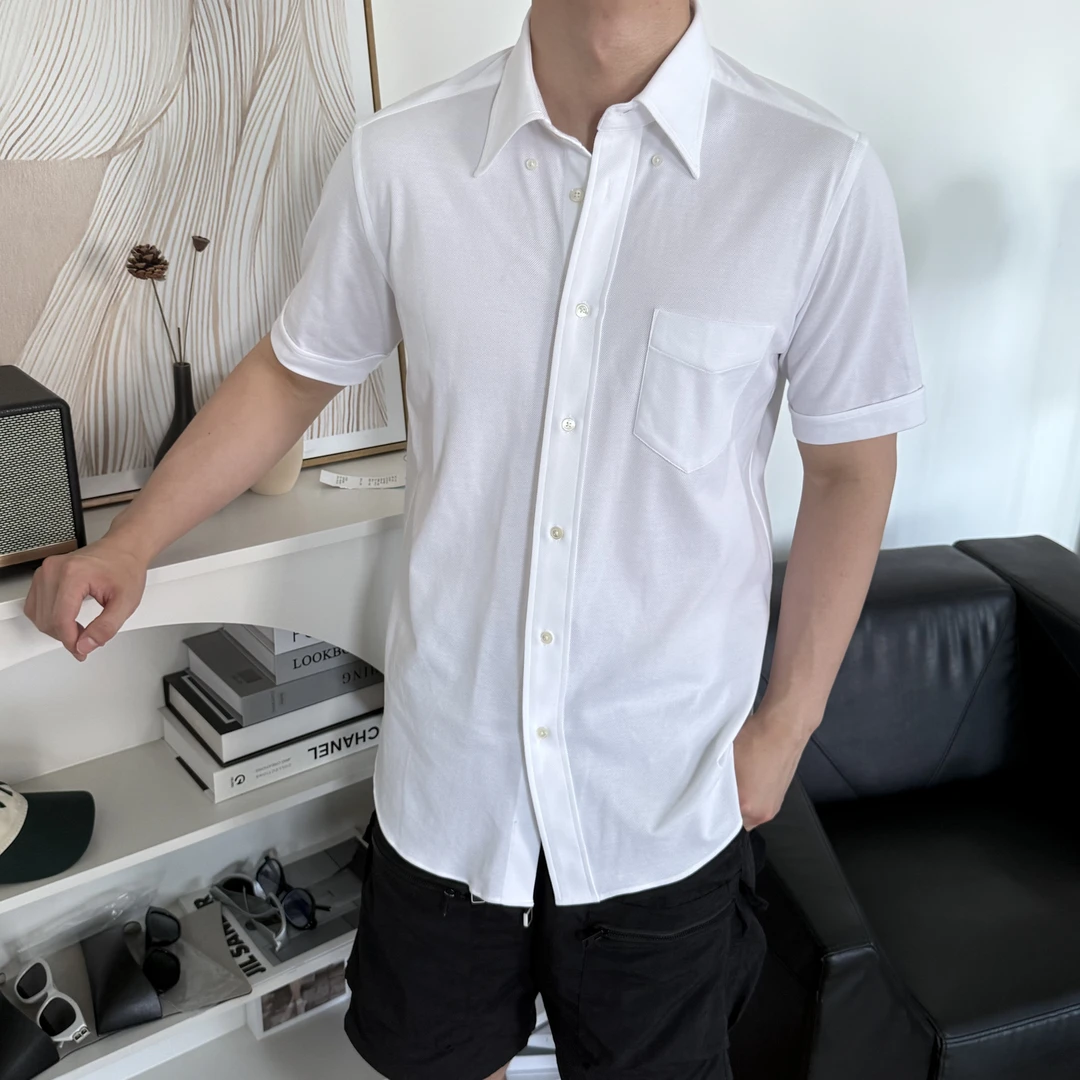 夏日必备基础款16针珠地网眼透气纯棉商务通勤休闲半袖衬衫1485