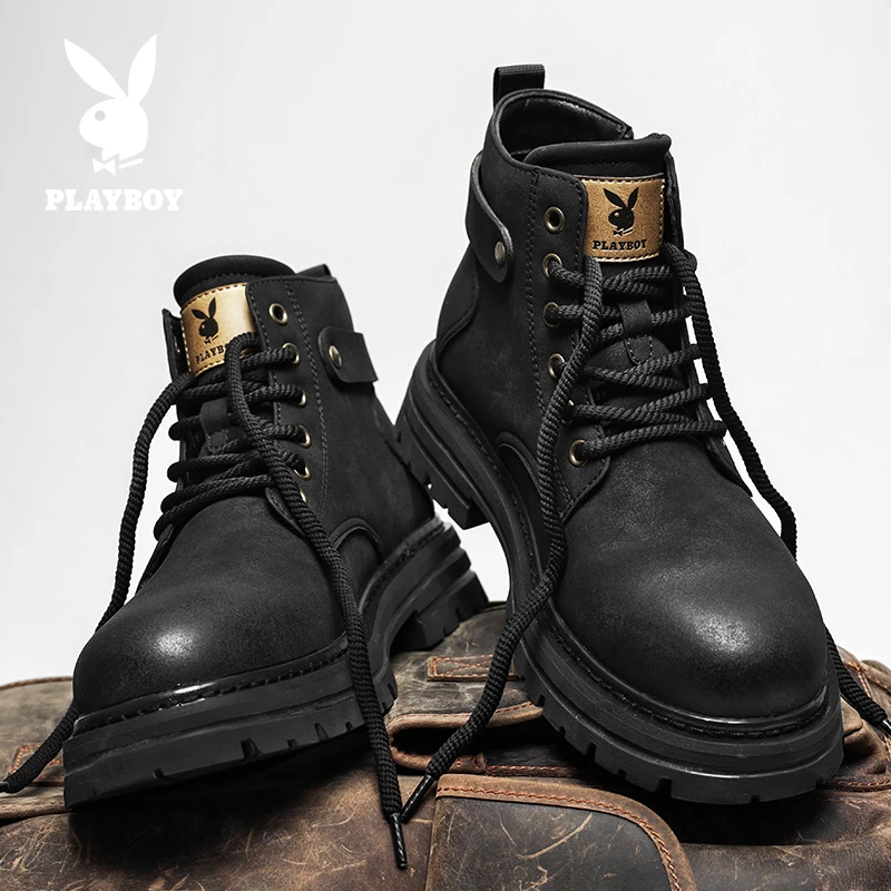 花花公子靴子男款运动鞋秋季防水马丁靴工装靴英伦风厚底高帮