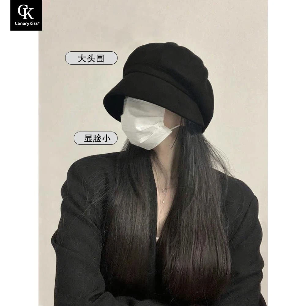 CanaryKiss黑色贝雷帽秋冬加绒保暖大头围堆堆冷帽显脸小女款帽子