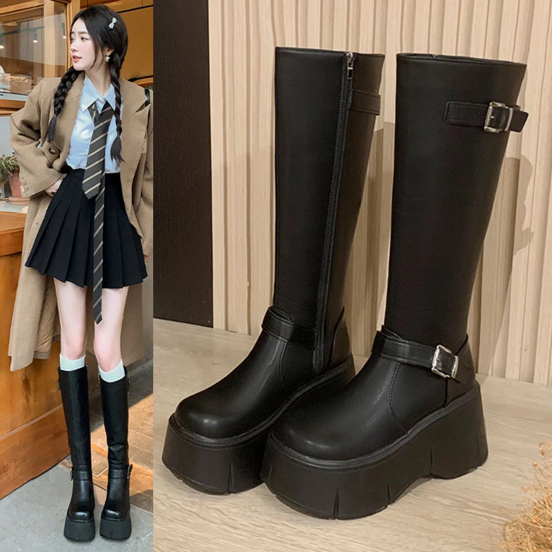 英伦风厚底高筒靴女2025春季新款小个子增高长靴不过膝显瘦骑士靴