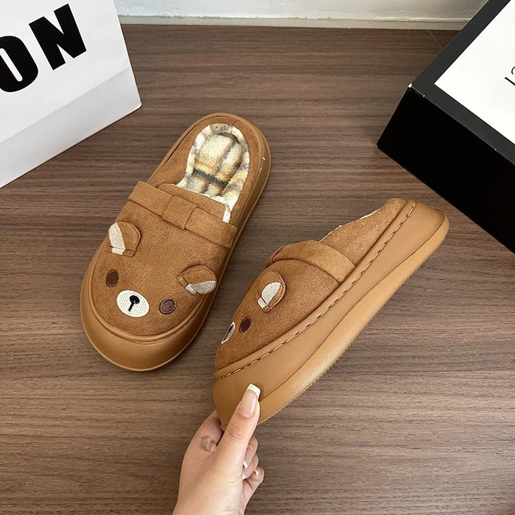 沐雷娜可爱小熊秋冬款勃肯鞋加绒保暖防滑百搭女鞋居家软底棉拖鞋