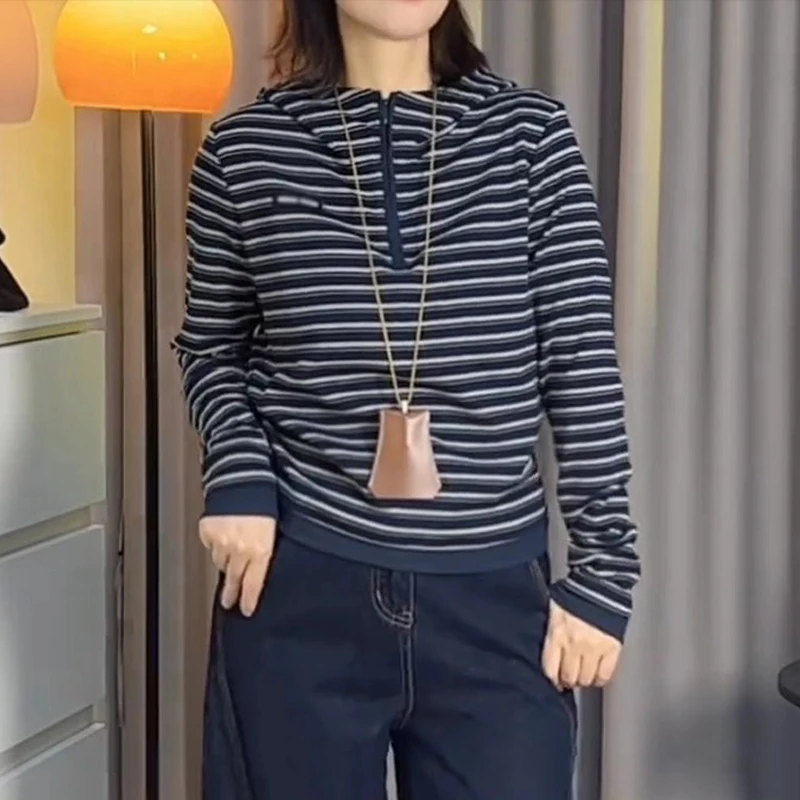 慵懒风撞色条纹连帽T恤女秋冬新款胖MM大码女装宽松显瘦长袖上衣