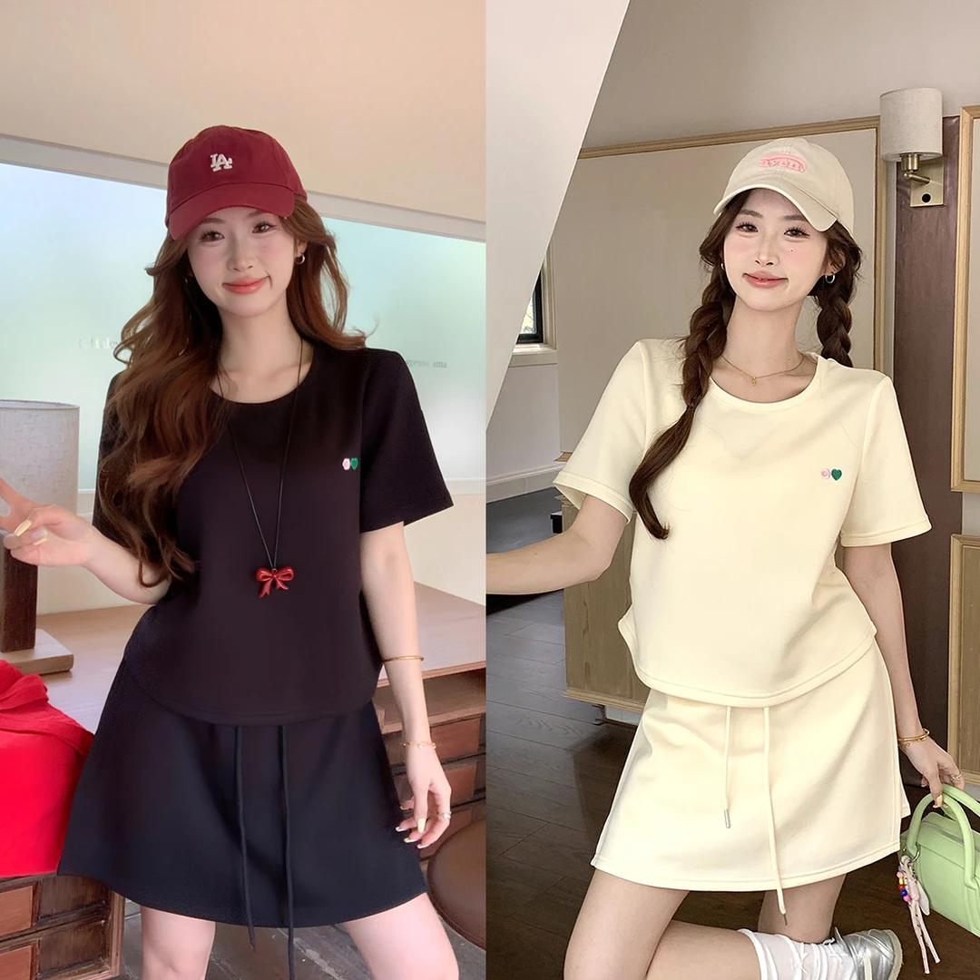 2025夏季新款胖mm大码女小个子休闲套装短袖T恤半身裙显瘦两件套