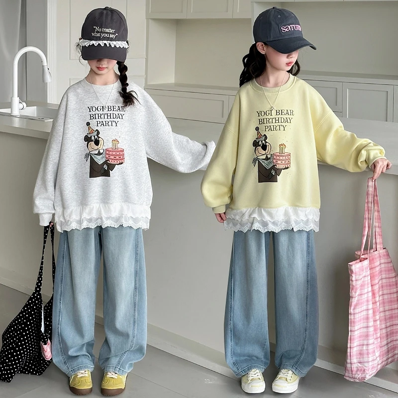 女童卡通花边卫衣套装2025新款儿童韩版宽松休闲中大童童装两件套