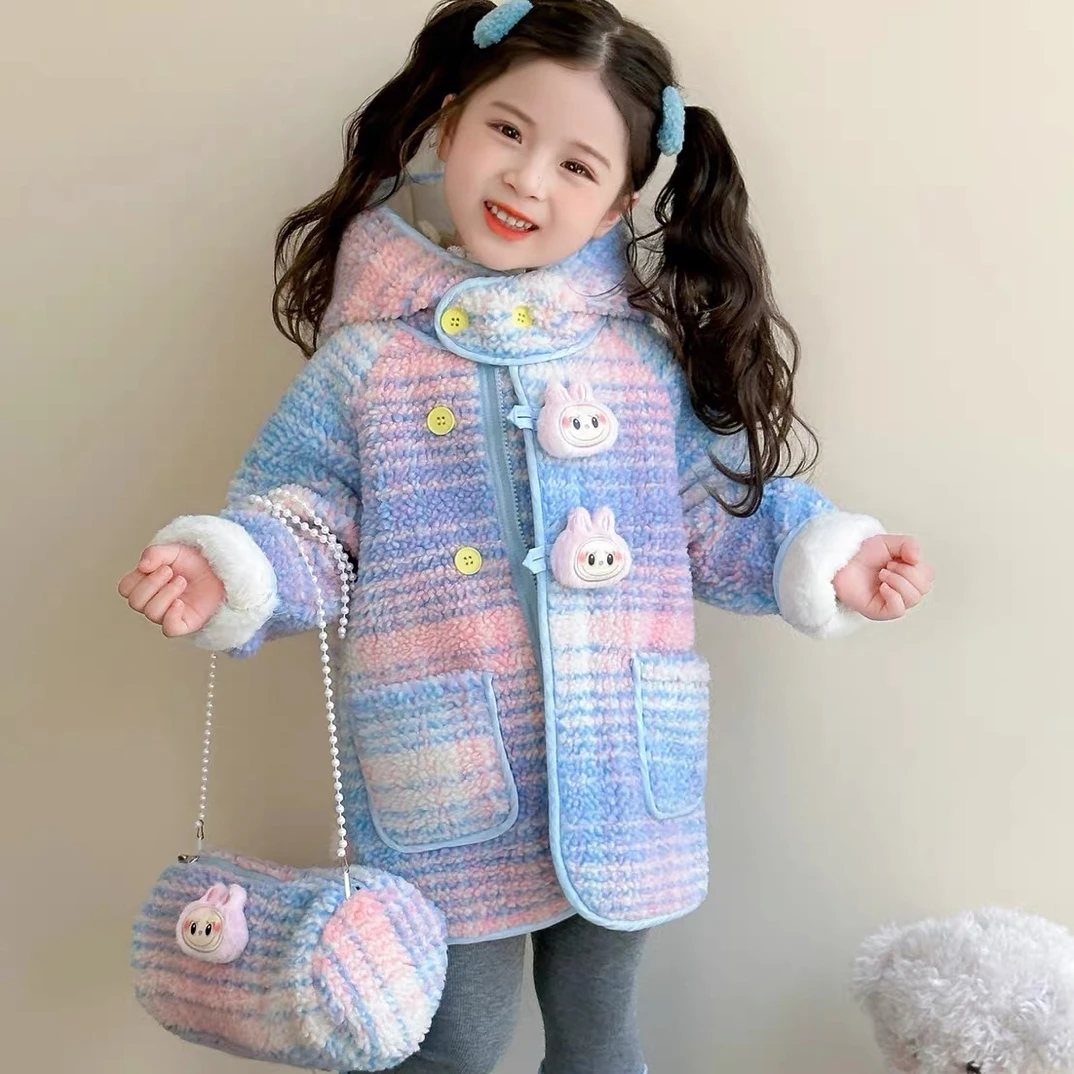 女童加绒外套冬季2025新款加厚羊羔绒毛呢大衣宝宝冬装炫彩棉服潮