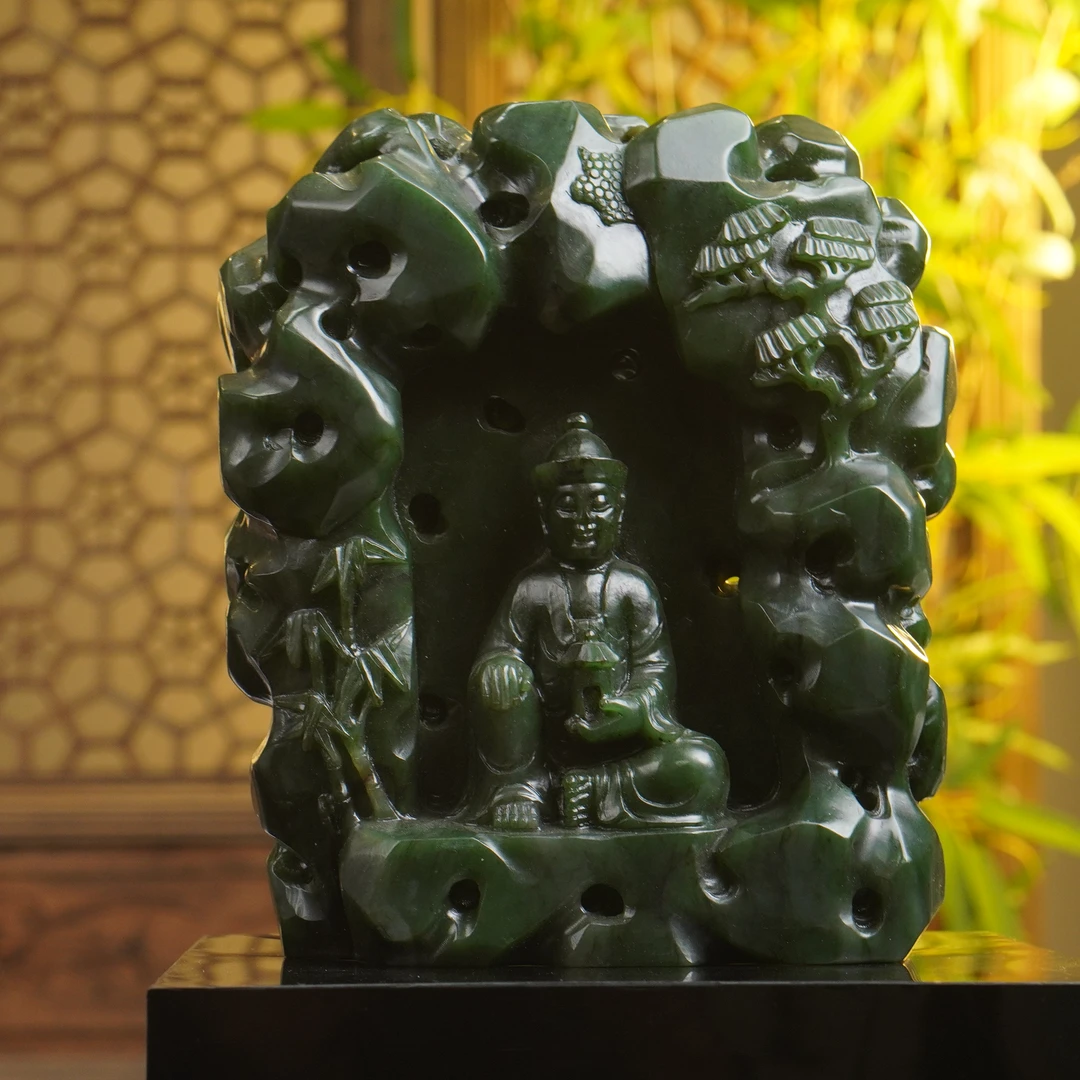 【创汇】碧玉佛像山子摆件（高19cm宽15cm重3818g）