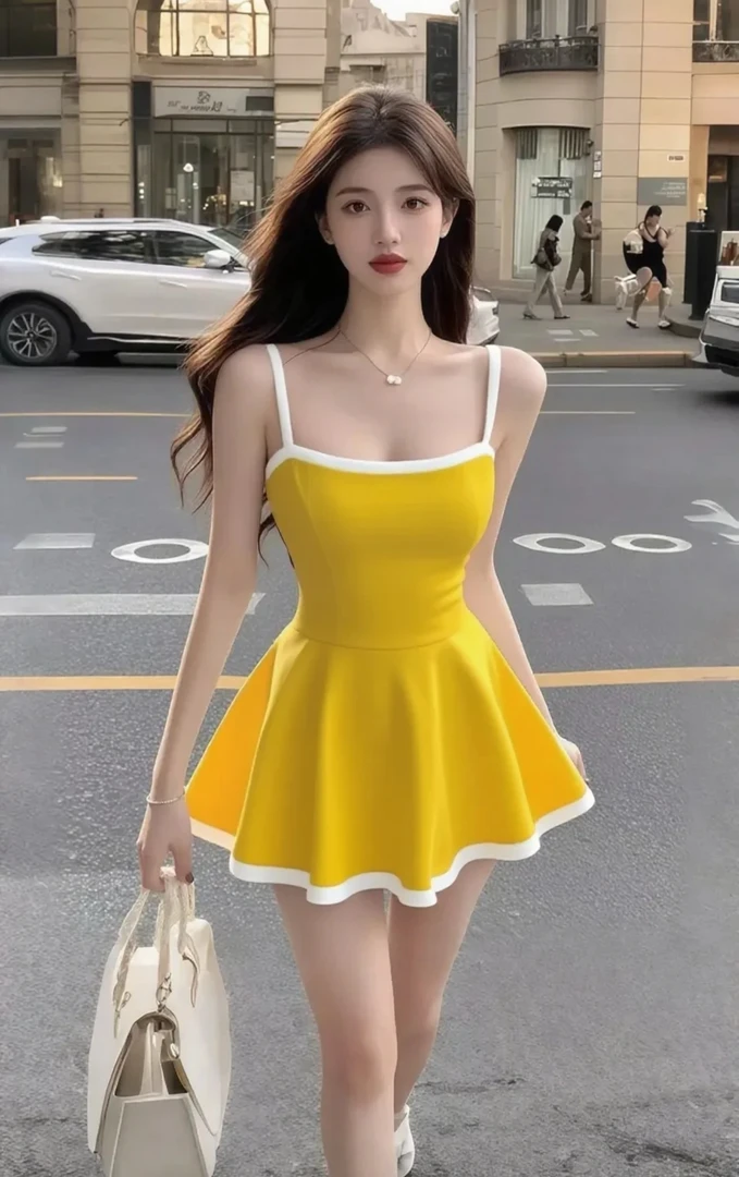 柠檬黄性感气质辣妹时尚小众设计感修身显瘦连衣裙小清新夏季甜美