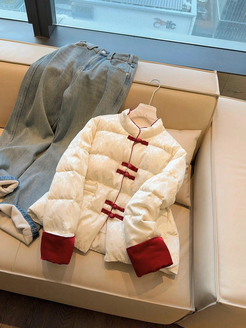 新中式撞色盘扣立领棉服外套女2025冬季新款宽松百搭时尚保暖棉衣