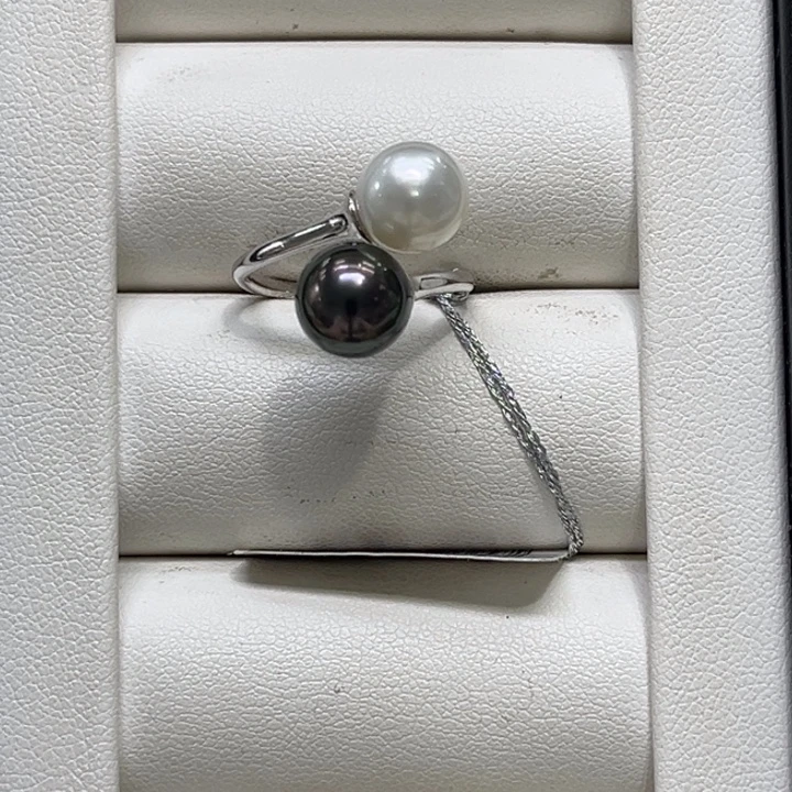 戒圈银S925镶嵌海水珍珠大溪地澳白双珠戒指8-9mm 164号