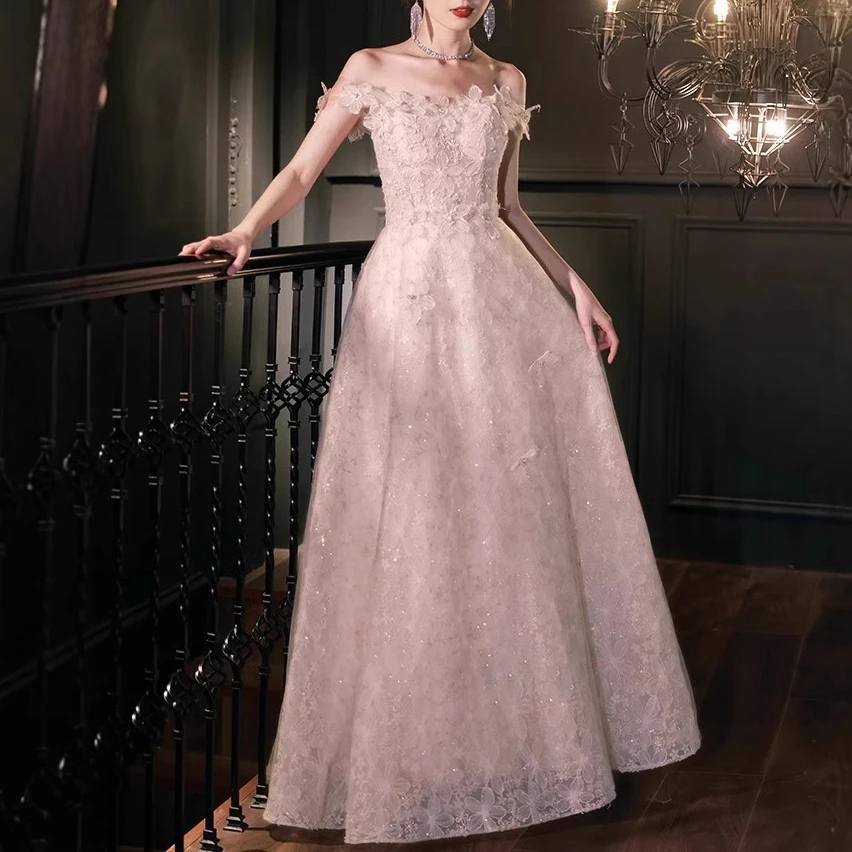 法式花朵一字肩淡粉色吊带裙晚礼服高级感轻奢小众生日宴会礼服裙