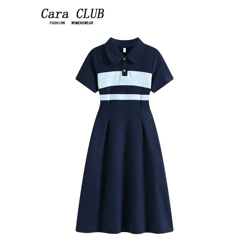 Cara CLUB大码Polo领气质连衣裙女夏季胖mm法式遮肚收腰休闲a字裙