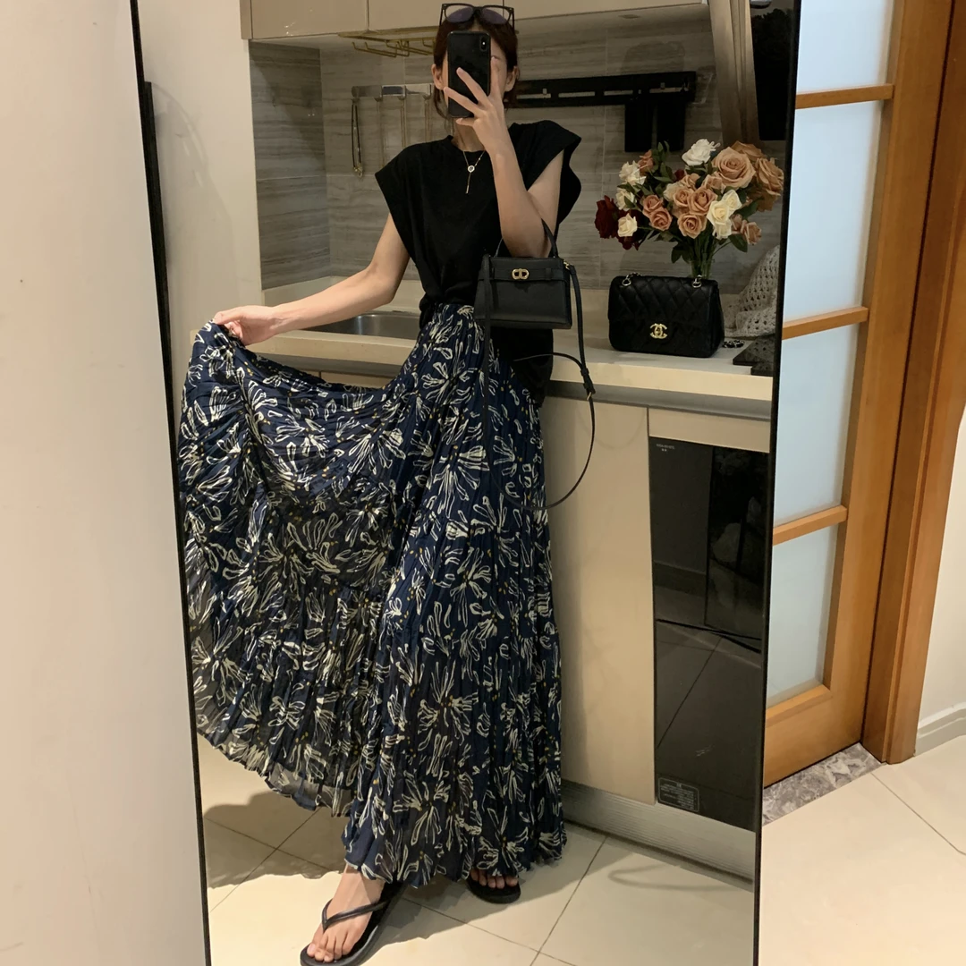 气质水墨花半身裙女夏季高级显高显瘦大摆大花松紧腰碎花半身裙女