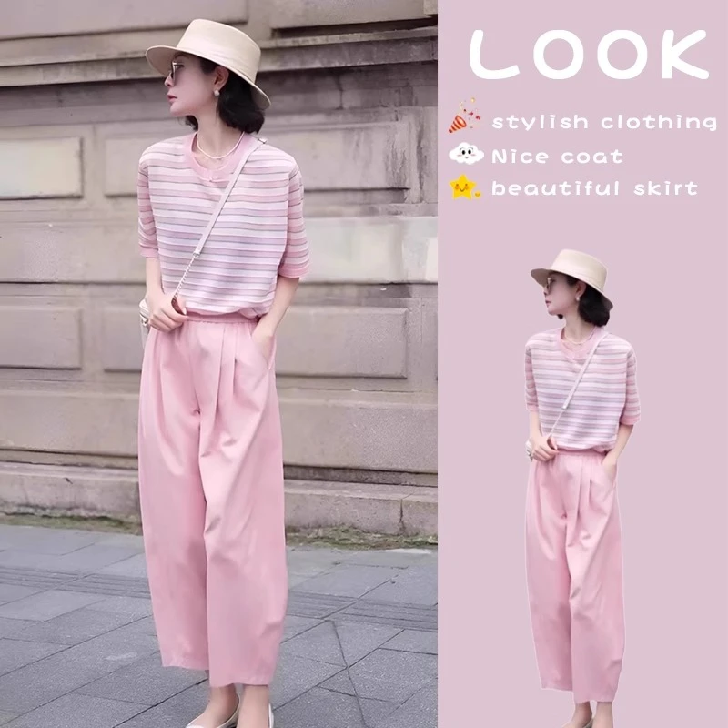 夏装搭配一整套气质2025清纯甜美粉色时尚短袖网红洋气炸街女装