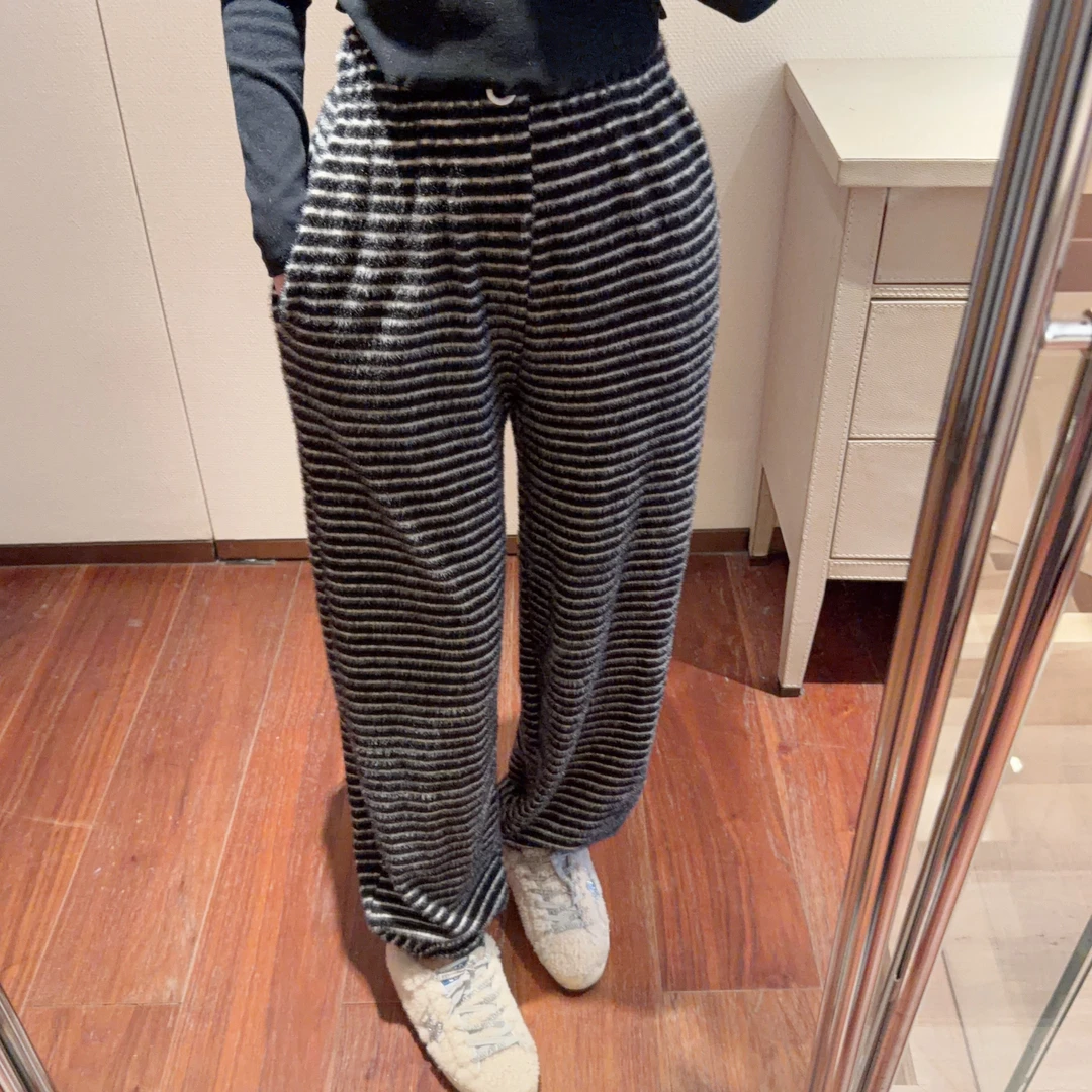 【张静芝】2色 慵懒韩范儿时髦女生百搭抽绳松紧腰撞色条纹休闲裤