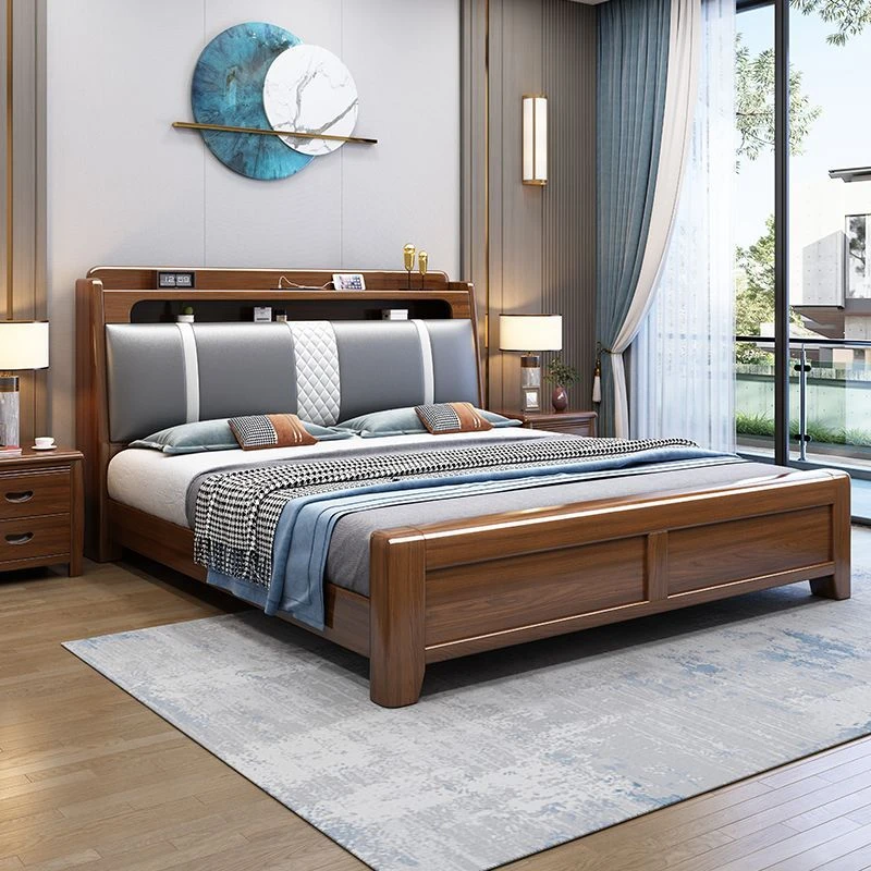 新中式实木床双人主卧轻奢现代金丝檀木高箱储物软包婚床家用