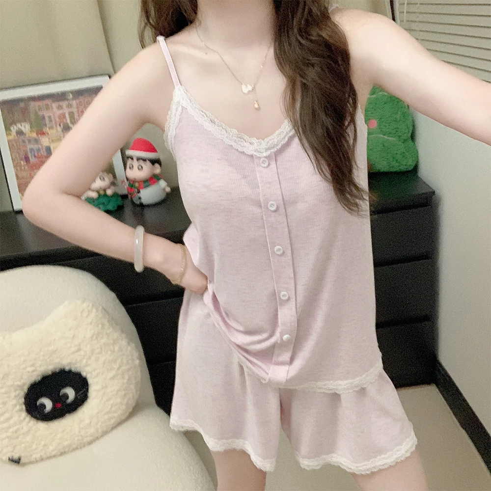 【带胸垫一体】性感吊带睡衣少女款夏季薄款人棉彩棉辣妹家居服套装