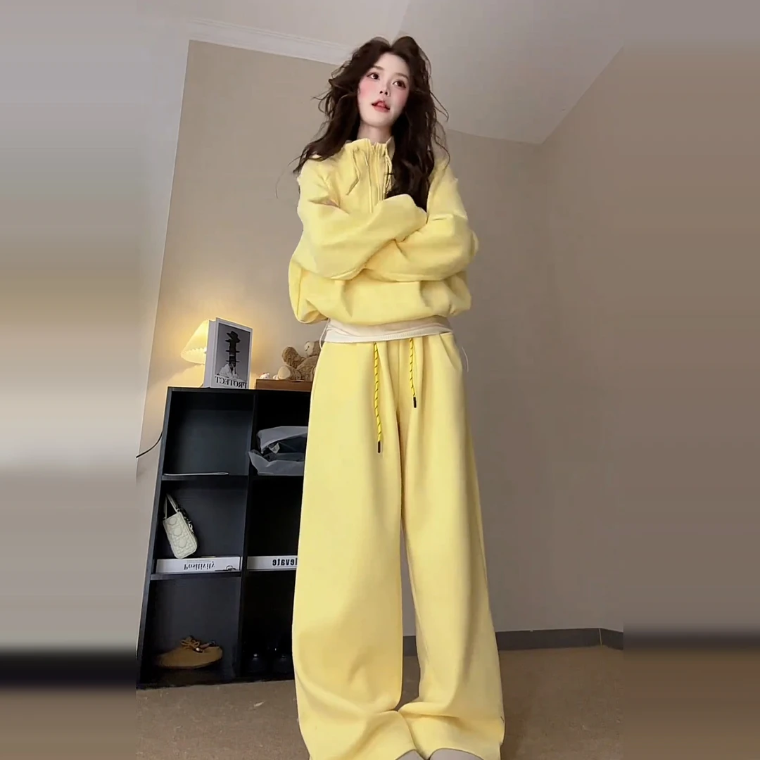 2025新款韩系早秋季气质一整套ootd穿搭女黄色运动两件套装8191