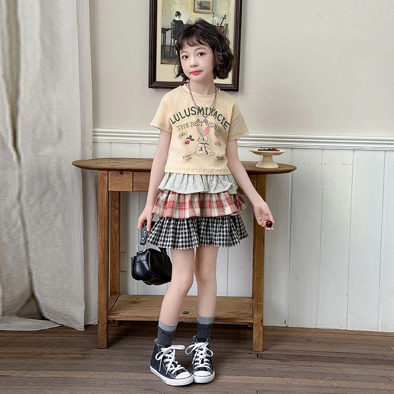 女童夏季套装2025新款儿童小兔子印花短袖T恤短袖蛋糕裙两件套