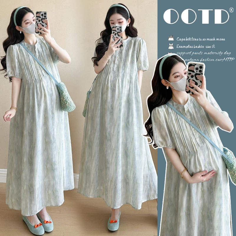 孕妇装连衣裙夏短袖薄款宽松显瘦遮肚洋气时尚2025新款长款长裙