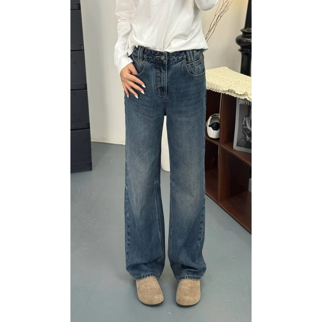 秋季新款高腰显瘦牛仔裤拖地裤宽松大码阔腿直筒裤女胖mm200
