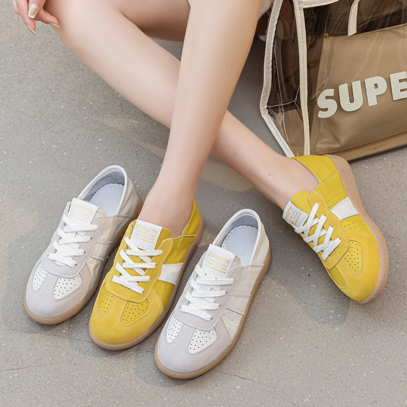 真皮德训鞋女平底2025新款透气镂空休闲运动板鞋女41一43大码女鞋