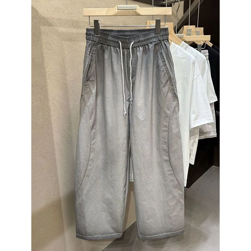 帅的掉渣阔腿直筒弯刀重磅脏脏洗巴黎灰美式复古立裁男宽松休闲裤