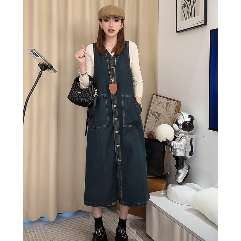 韩版复古简约设计感牛仔直筒连衣裙套装宽松显瘦小个子无袖背心裙