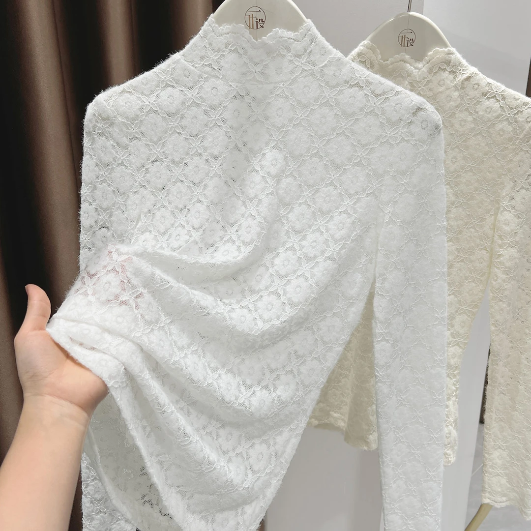 白色设计感提花蕾丝上衣女秋冬新款叠穿半高领长袖T恤镂空打底衫