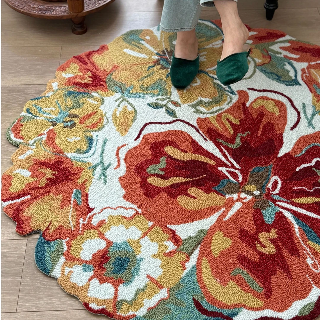 【奇居巍】轻奢芙蓉花圆形橙色地毯家用卧室防滑床边毯120*120cm