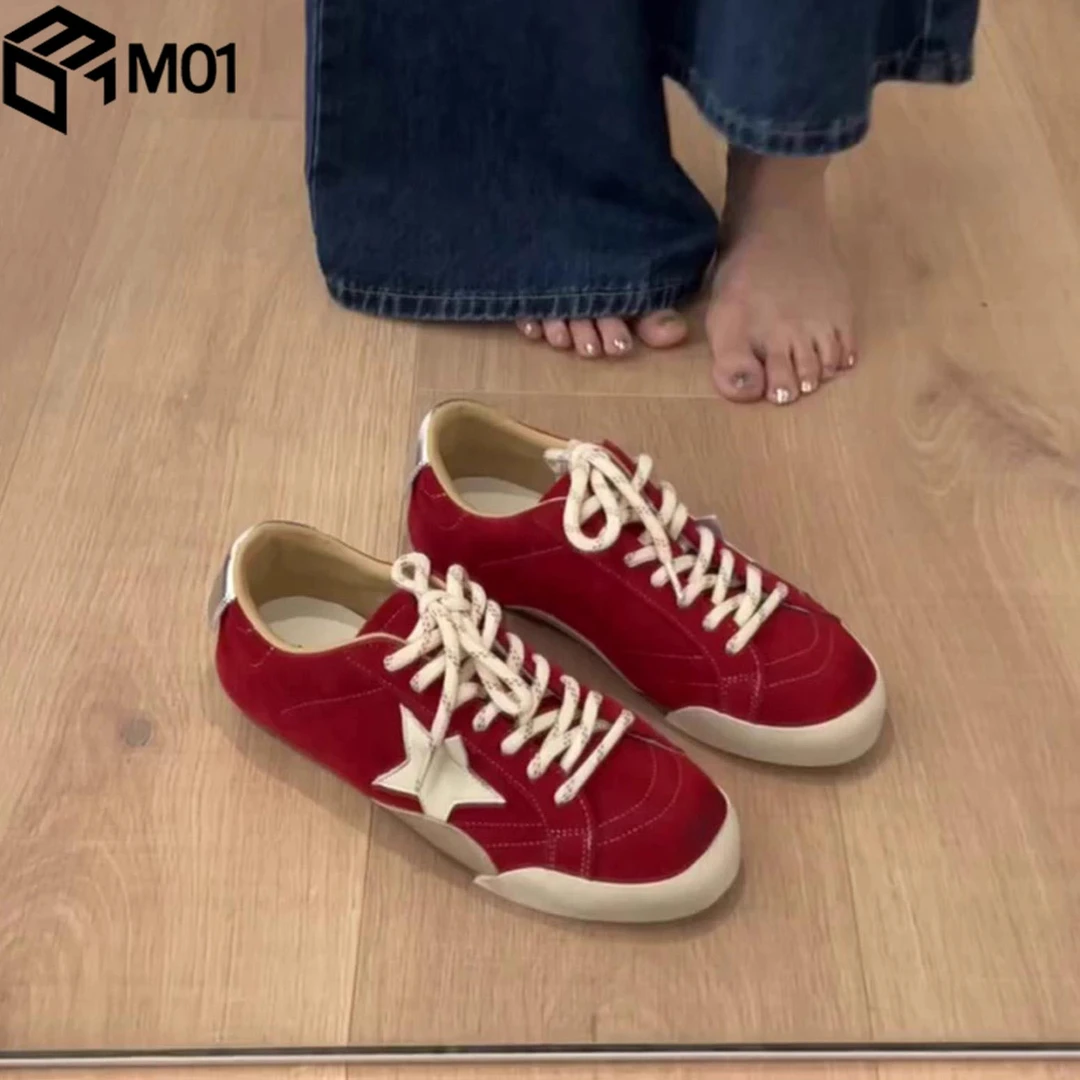 M01平底红色德训鞋女2025新款夏季休闲做旧脏脏鞋星星板鞋阿甘鞋