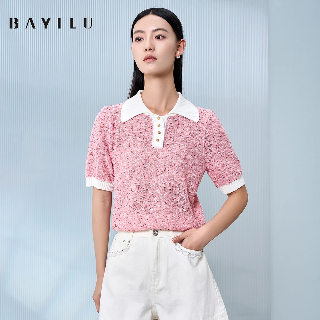 【品牌甄选】芭依璐夏季针织衫女套头衫polo领短袖上衣90S0011