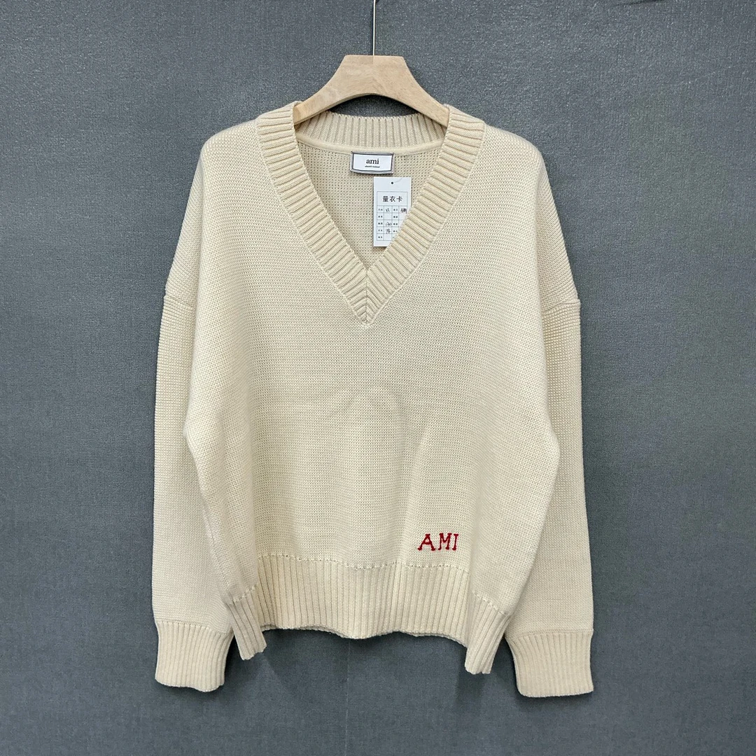全新未使用 maje Ami 刺绣logoV领100%羊毛米色毛衣XL码