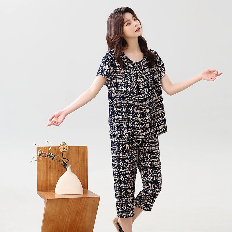 中年印染夏季短袖圆领七分裤套装睡衣家居服薄款透气舒适休闲宽松