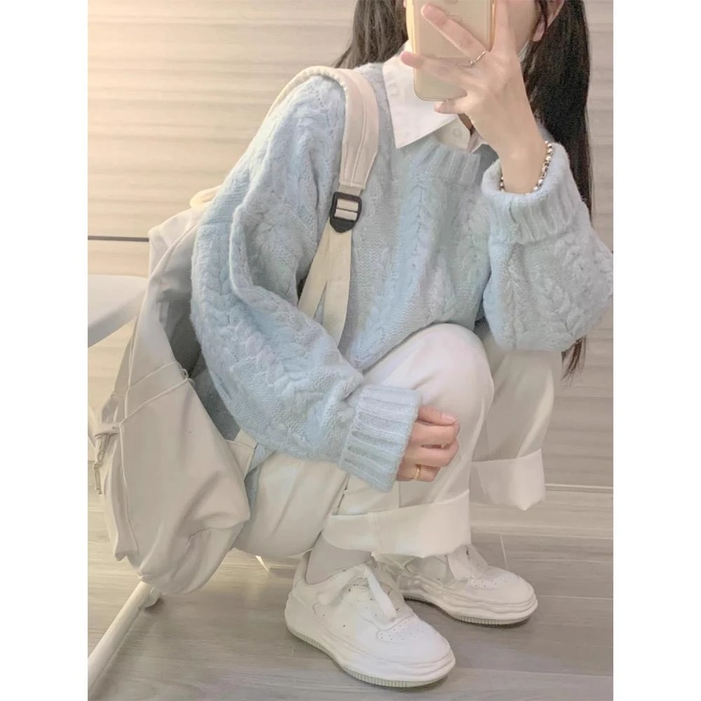 VOCKOO官方蓝色麻花针织毛衣女外套秋冬季2025新款韩系慵懒风超好