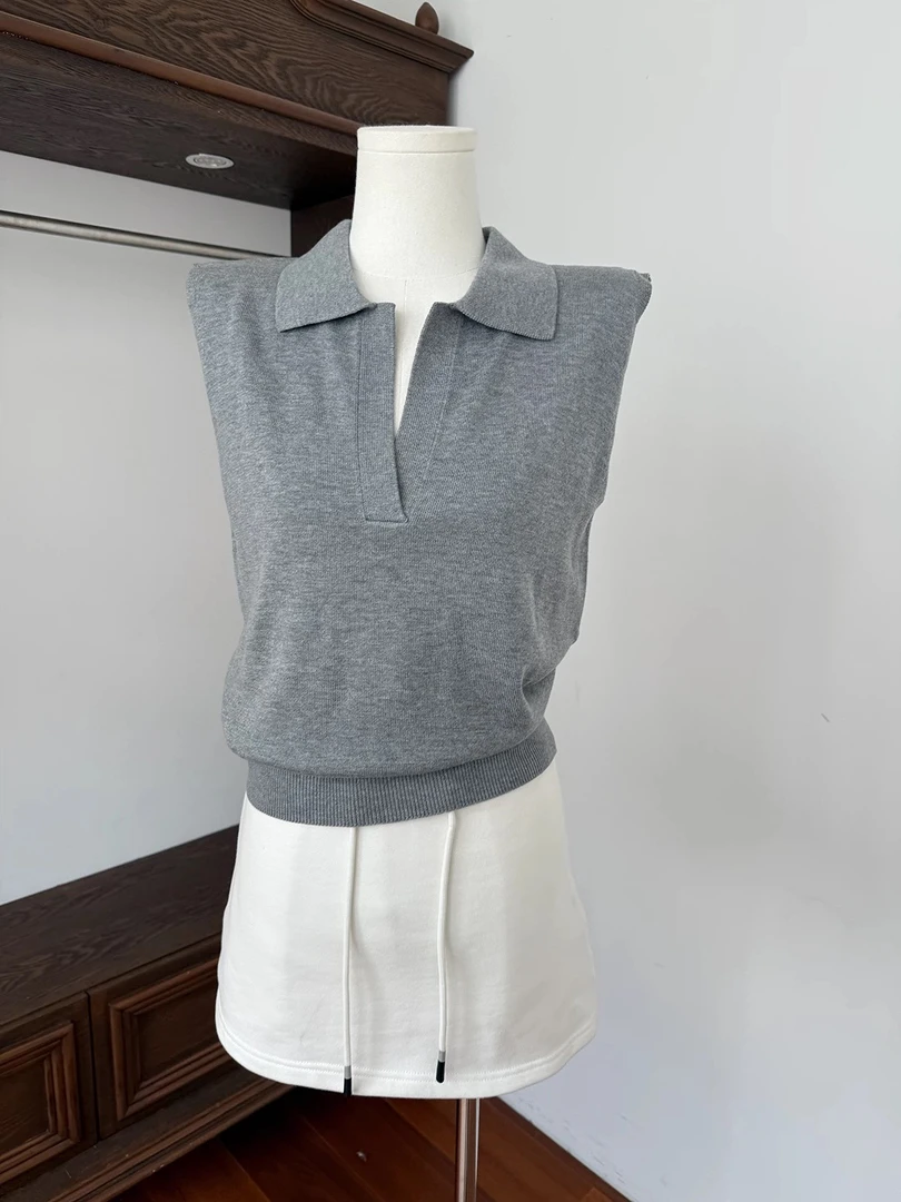 丝光羊毛老钱背心女polo领无袖上衣休闲灰色短袖