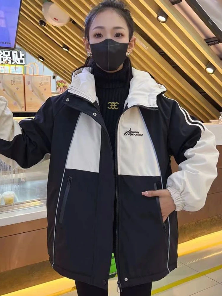 加绒加厚撞色外套女2025冬季新款韩版时尚宽松拼接连帽冲锋衣棉衣