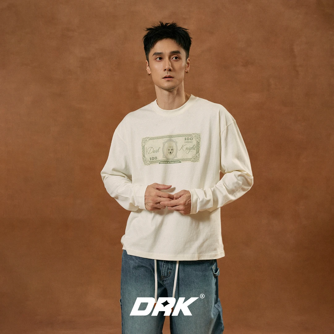 DRK【回溯系列】小狗钞票长袖圆领宽松男士休闲秋季印花T恤情侣秋季