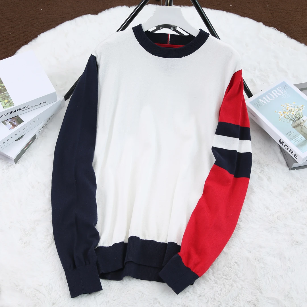 男女同款通勤款打底春秋季时尚拼接拼色圆领长袖针织毛衣P-2A225