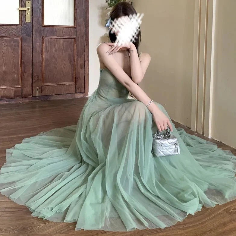 绿色森系艺术感短袖露背网纱吊带长裙假两件聚酯休闲度假风格连衣