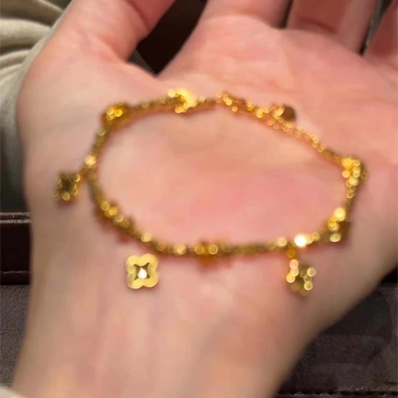 铜合金手链 金色碎碎冰四叶草流苏手链中古百搭时尚小众简约手饰
