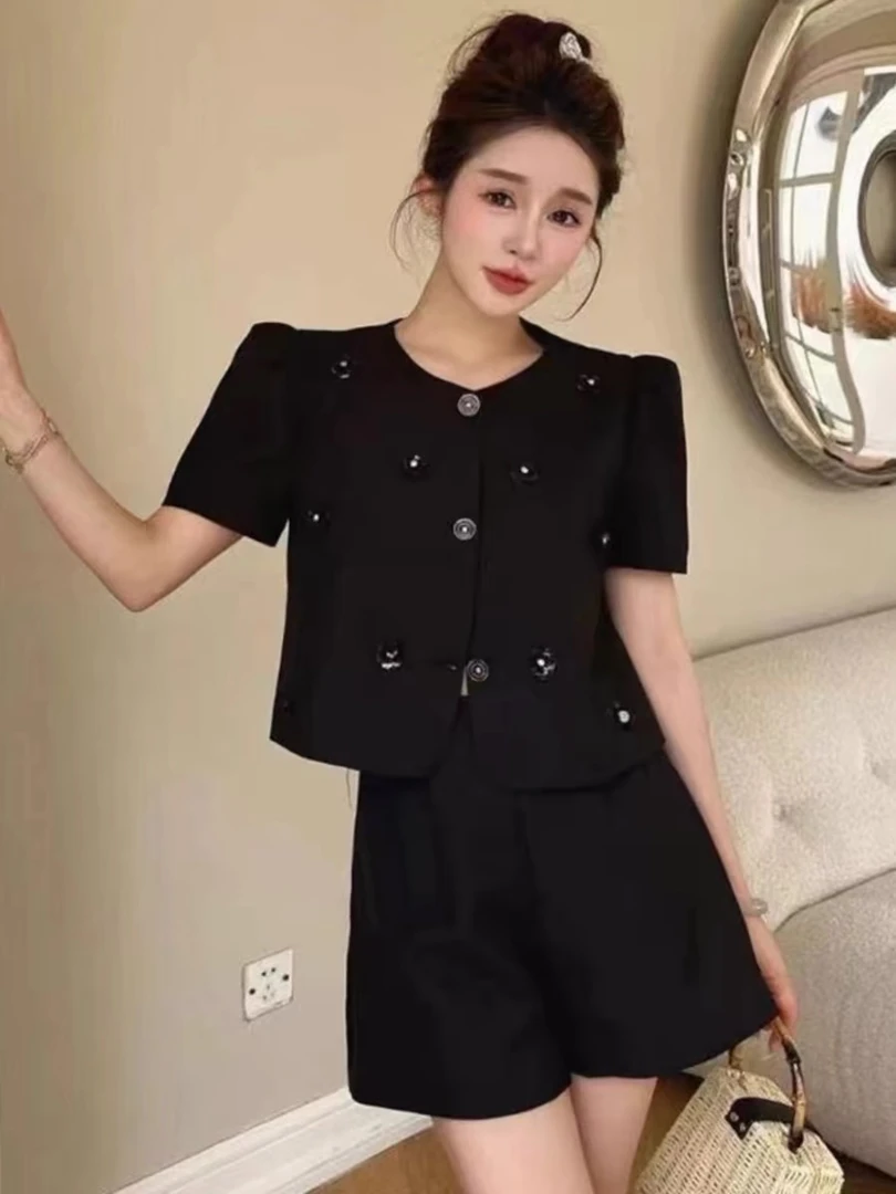 【艾丽莎定制】欧洲站立体花朵小香风高级感上衣阔腿裤两件套3520