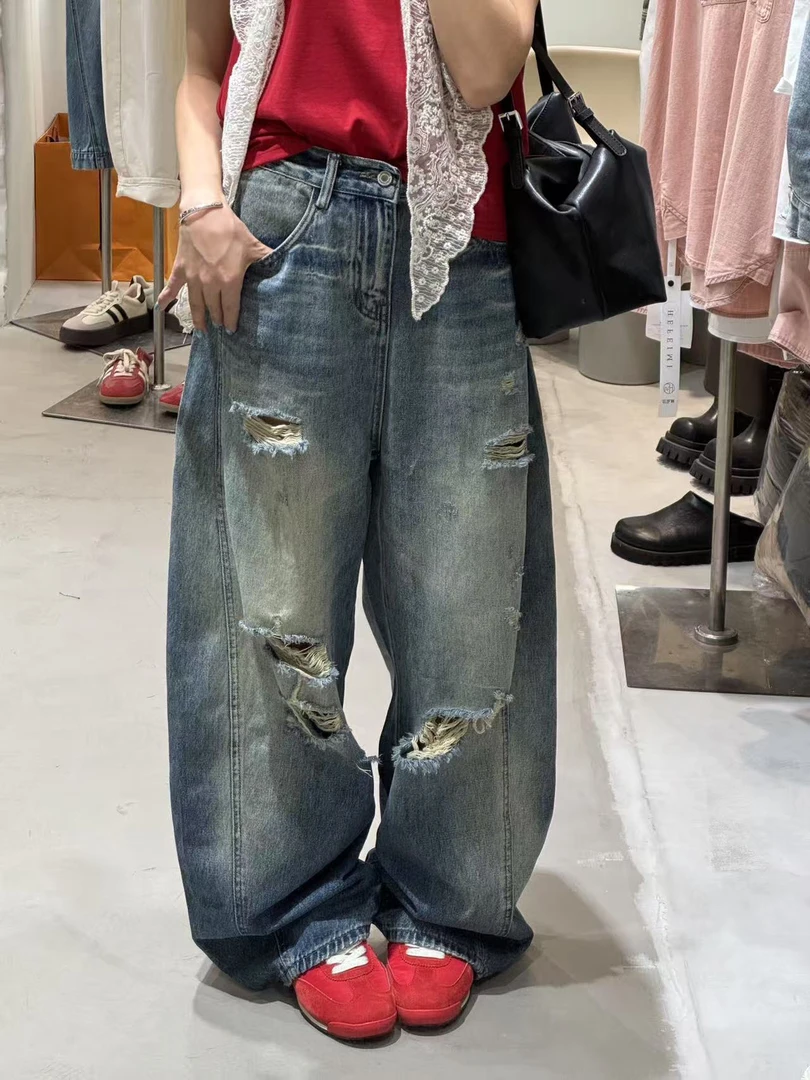 韩东大门无性别高街INS风小众水洗香蕉弯刀直筒宽松牛仔阔腿裤